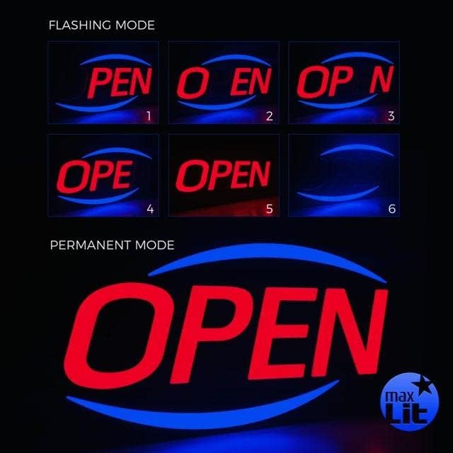 MaxLit 32'' X 17'' New Jumbo ULTRA BRIGHT LED Open Sign — Remote Controlled — Dynamic Light Modes — Enhance Your Business Presence [Red/Blue]