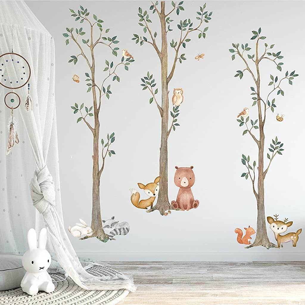 InnovativeStencils, Woodland Watercolor Wall Tree Decals Fabric Animal Birch Creatures - Bear, Fox, Raccoon, Rabbit, Squirrel, Owl Nursery Décor Stickers #3115 (72In Tall)