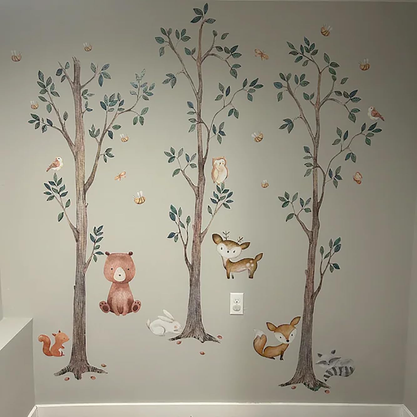 InnovativeStencils, Woodland Watercolor Wall Tree Decals Fabric Animal Birch Creatures - Bear, Fox, Raccoon, Rabbit, Squirrel, Owl Nursery Décor Stickers #3115 (72In Tall)