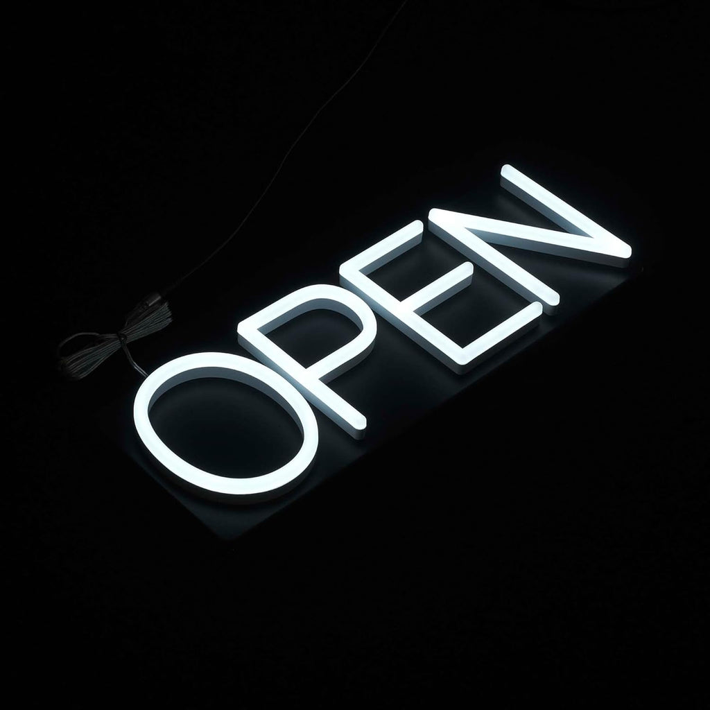 HiNeon White Neon Open Sign 20inx7in LED Light w/Remote Controller, Electric Light Up Open Sign for Business Store, w/Hanging Chain for Shop Windows, Direct Plug-In w/ 12V Power Adapter