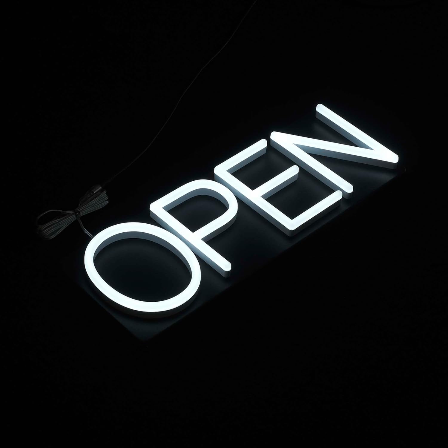 HiNeon White Neon Open Sign 20inx7in LED Light w/Remote Controller, Electric Light Up Open Sign for Business Store, w/Hanging Chain for Shop Windows, Direct Plug-In w/ 12V Power Adapter