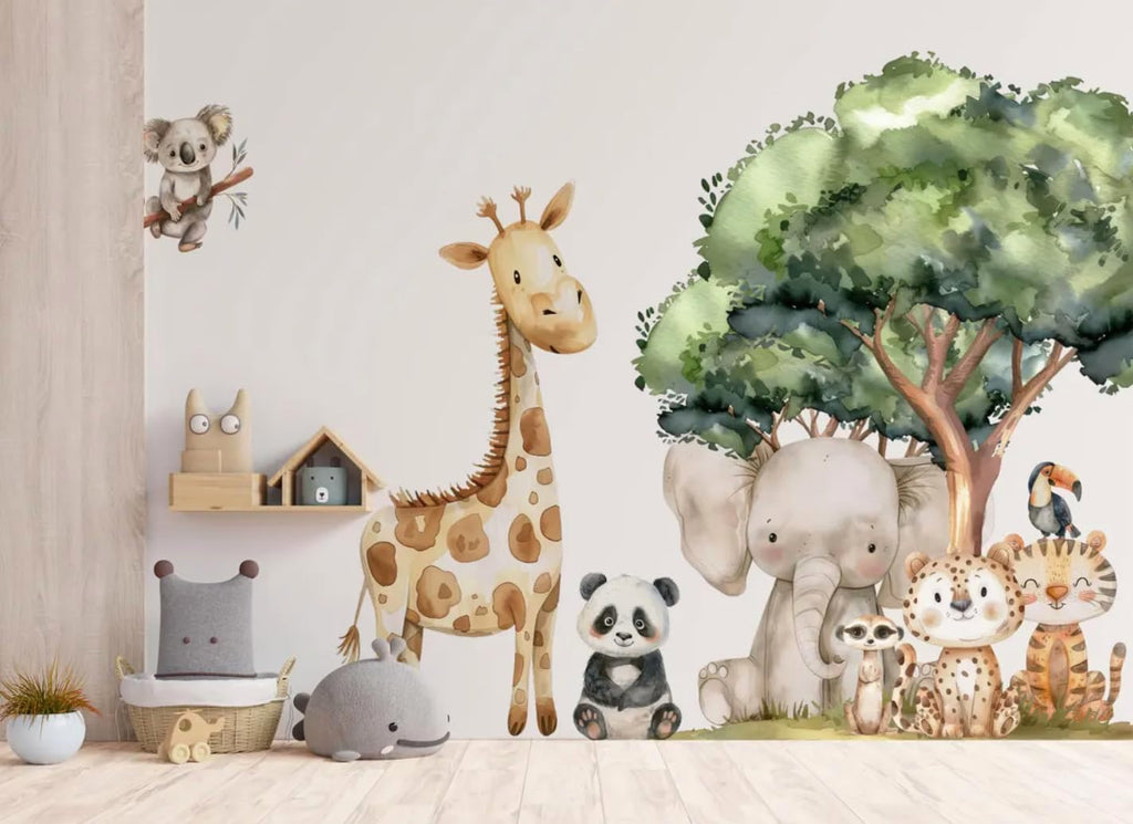 Safari Jungle Wall Stickers – Safari Animals Wall Decals for Nursery – Kids Room Wall Art – Removable Vinyl Stickers for Baby Room Decor – Giraffe Elephant Lion Wall Mural (Set1)
