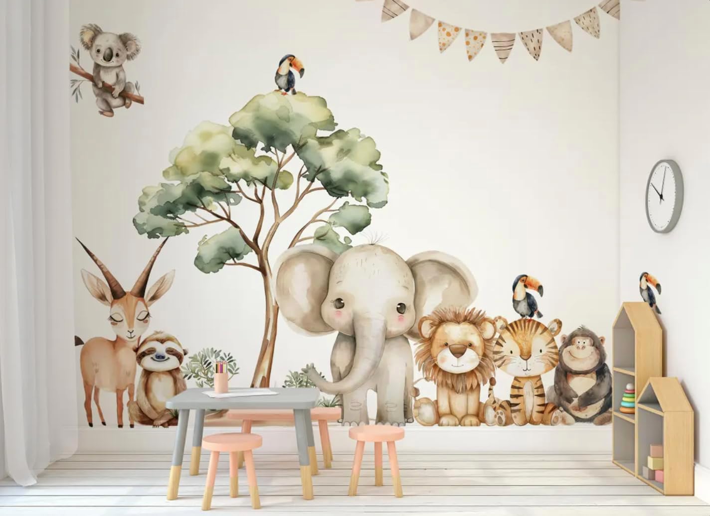 Safari Jungle Wall Stickers – Safari Animals Wall Decals for Nursery – Kids Room Wall Art – Removable Vinyl Stickers for Baby Room Decor – Giraffe Elephant Lion Wall Mural (Set1)