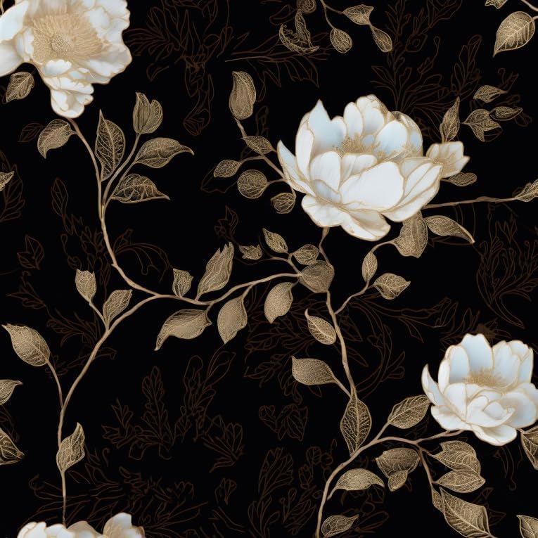 Laatse Black Golden Floral Peel and Stick Wallpaper Flowers Contact Paper 17.5" x 393" Self Adhesive Waterproof Vintage Dark Floral Wall Paper for Shelf Liner Cabinet Decor