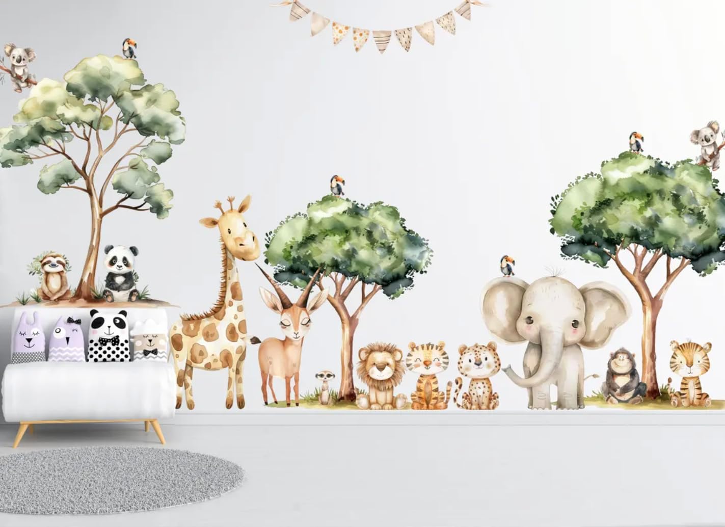 Safari Jungle Wall Stickers – Safari Animals Wall Decals for Nursery – Kids Room Wall Art – Removable Vinyl Stickers for Baby Room Decor – Giraffe Elephant Lion Wall Mural (Set1)