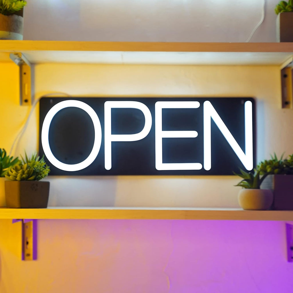 HiNeon White Neon Open Sign 20inx7in LED Light w/Remote Controller, Electric Light Up Open Sign for Business Store, w/Hanging Chain for Shop Windows, Direct Plug-In w/ 12V Power Adapter
