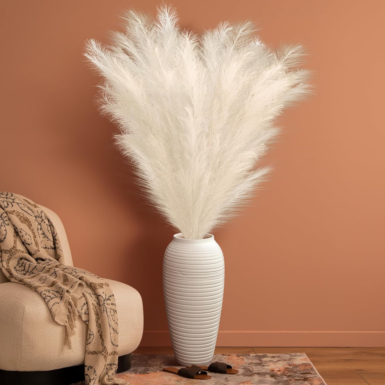 Zeyune 5 Pcs 71'' Large Faux Pampas Grass Decor Tall Faux Pampas Grass Splicable Fake Dried Boho Home Decor Beige Feathers for Vase Artificial Floral for Wedding Home Party Boho Decoration (Beige)