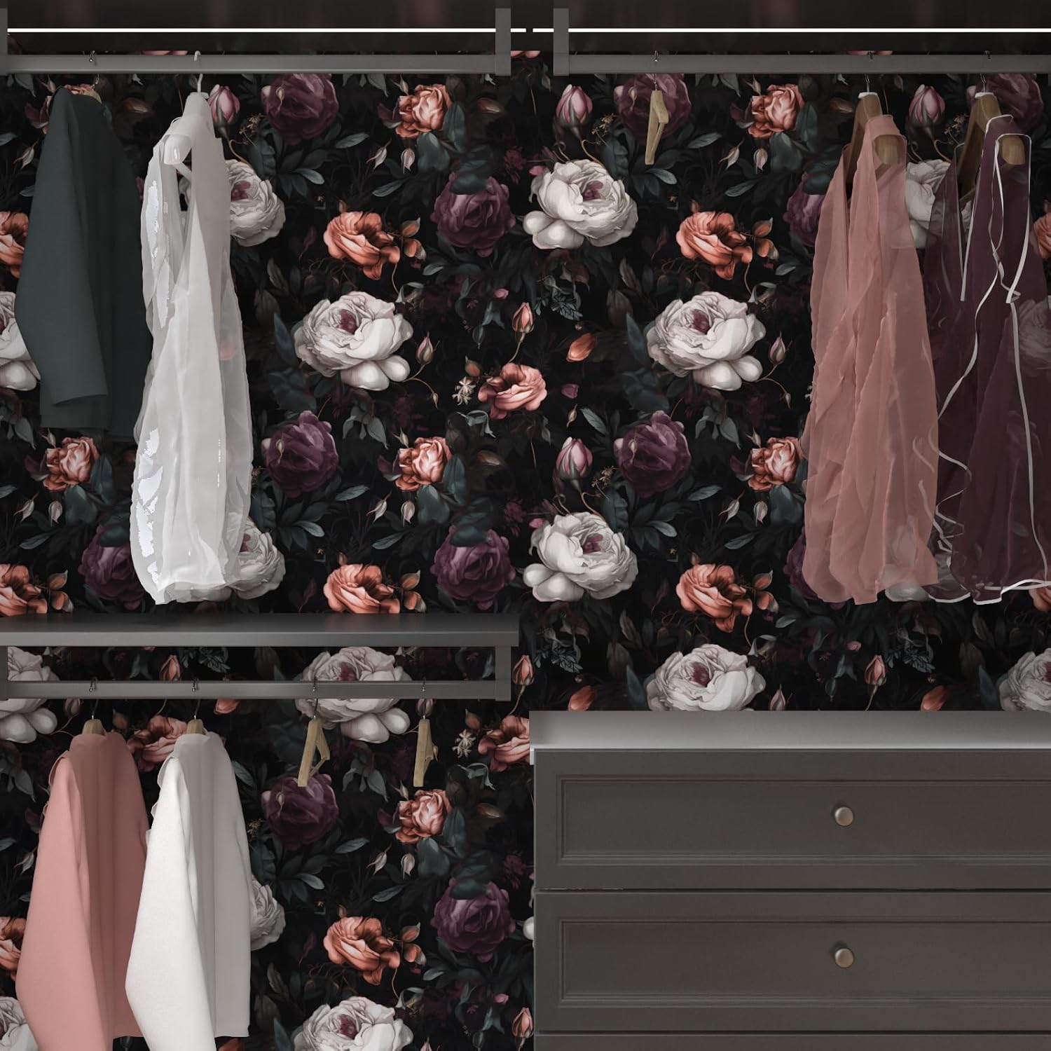 Laatse Dark Floral Peel and Stick Wallpaper, Vintage Floral Contact Paper, Waterproof Self Adhesive Boho Decor Black Rose Wall Paper for Bedroom Walls Bookcase Drawers 17.5in x 32.8ft