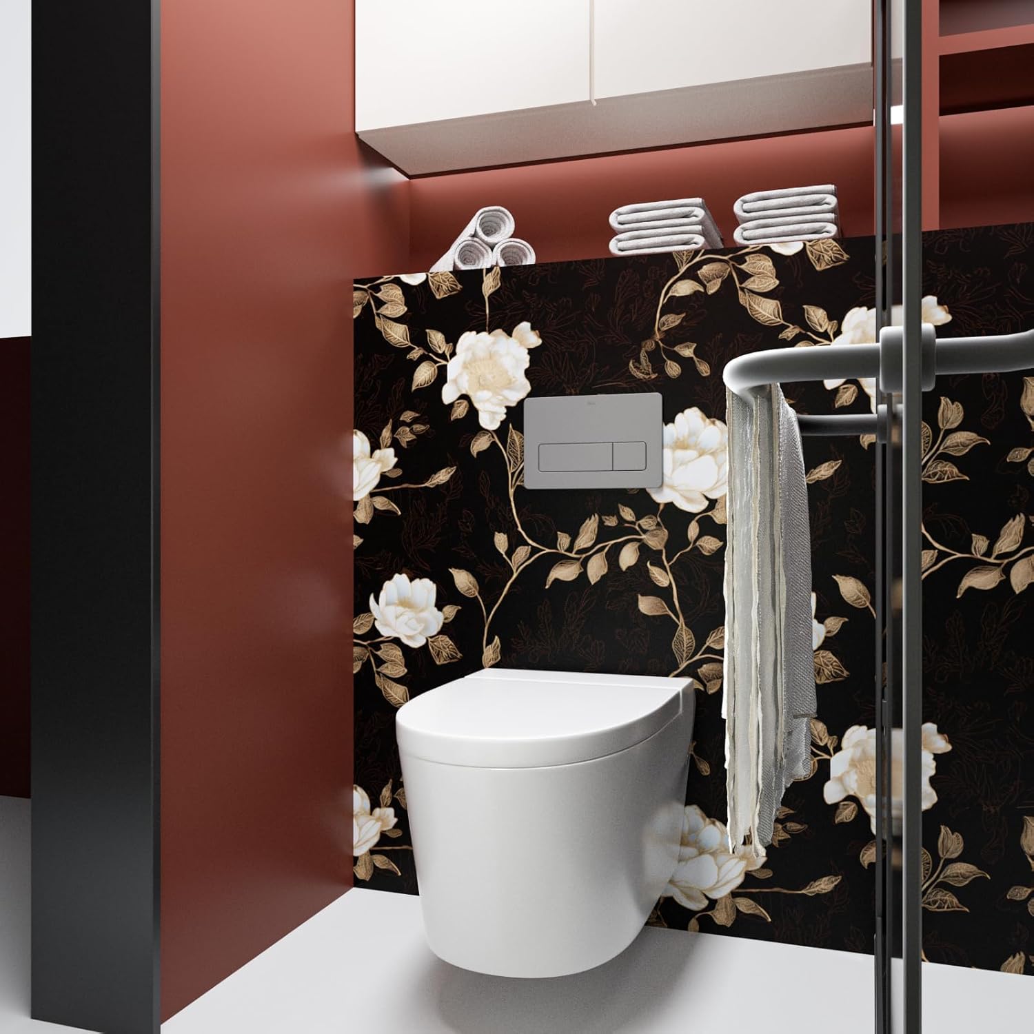 Laatse Black Golden Floral Peel and Stick Wallpaper Flowers Contact Paper 17.5" x 393" Self Adhesive Waterproof Vintage Dark Floral Wall Paper for Shelf Liner Cabinet Decor