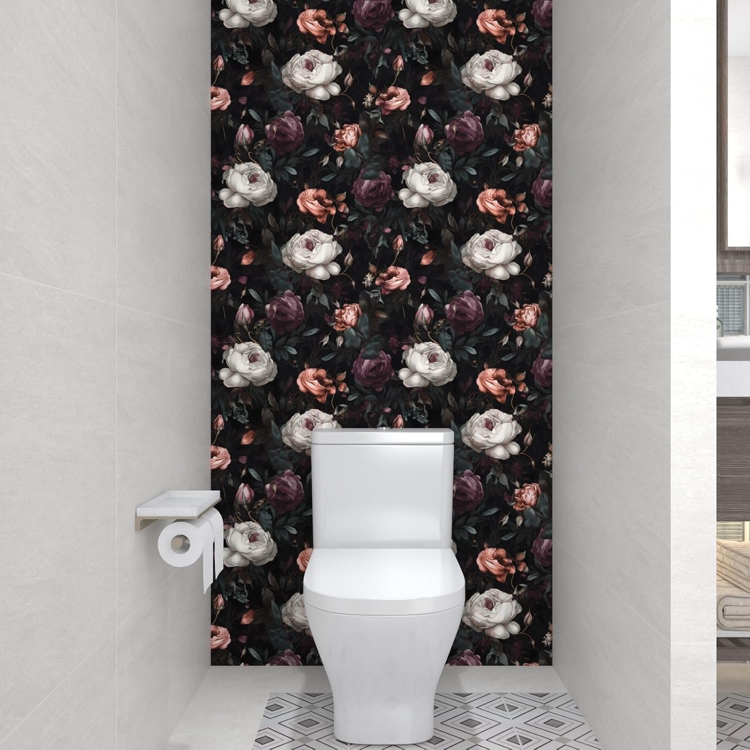 Laatse Dark Floral Peel and Stick Wallpaper, Vintage Floral Contact Paper, Waterproof Self Adhesive Boho Decor Black Rose Wall Paper for Bedroom Walls Bookcase Drawers 17.5in x 32.8ft