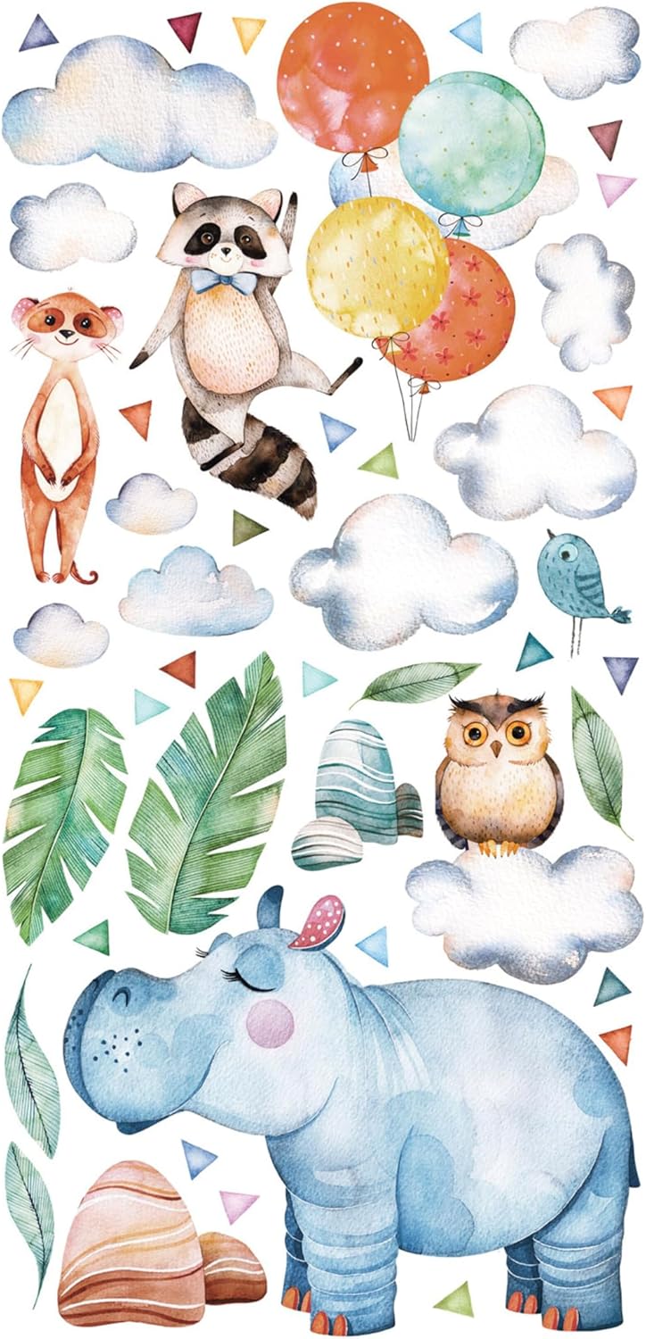 Watercolor Animal Wall Decals Hippo Owl Raccoon Meerkat Wall Stickers Removable Cartoon Animal Wall Decals Decor for Baby Nursery Playroom Bedroom Classroom Kindergarten WH38 (Extra Large)