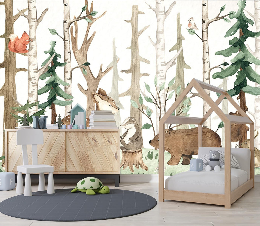 XMPMBM-Cartoon Hand-Painted Animals Woodland Nursery Room Fabric Wallpaper Graffiti Pine Forest Kids Gaming Room Wall Mural-W 88" X H 59"（36 Square Foot）