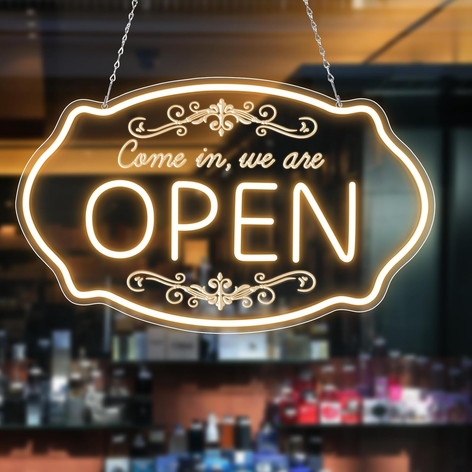 LED Neon Open Sign for Business, 16.5x10'' Come in We’re Open Sign, Warm White Adjustable Brightness Neon Lights for Party, Bar, Salon, Stores, Hotel, Wall Decor, Clubs, Hotels