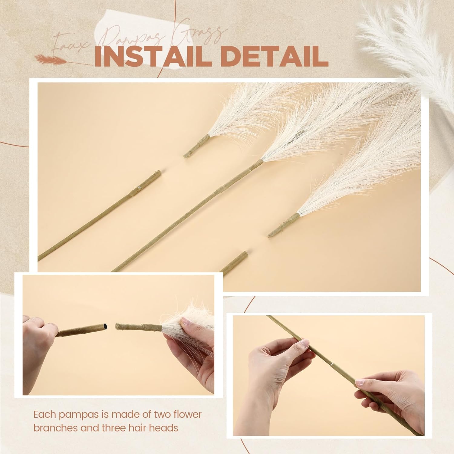 Zeyune 5 Pcs 71'' Large Faux Pampas Grass Decor Tall Faux Pampas Grass Splicable Fake Dried Boho Home Decor Beige Feathers for Vase Artificial Floral for Wedding Home Party Boho Decoration (Beige)