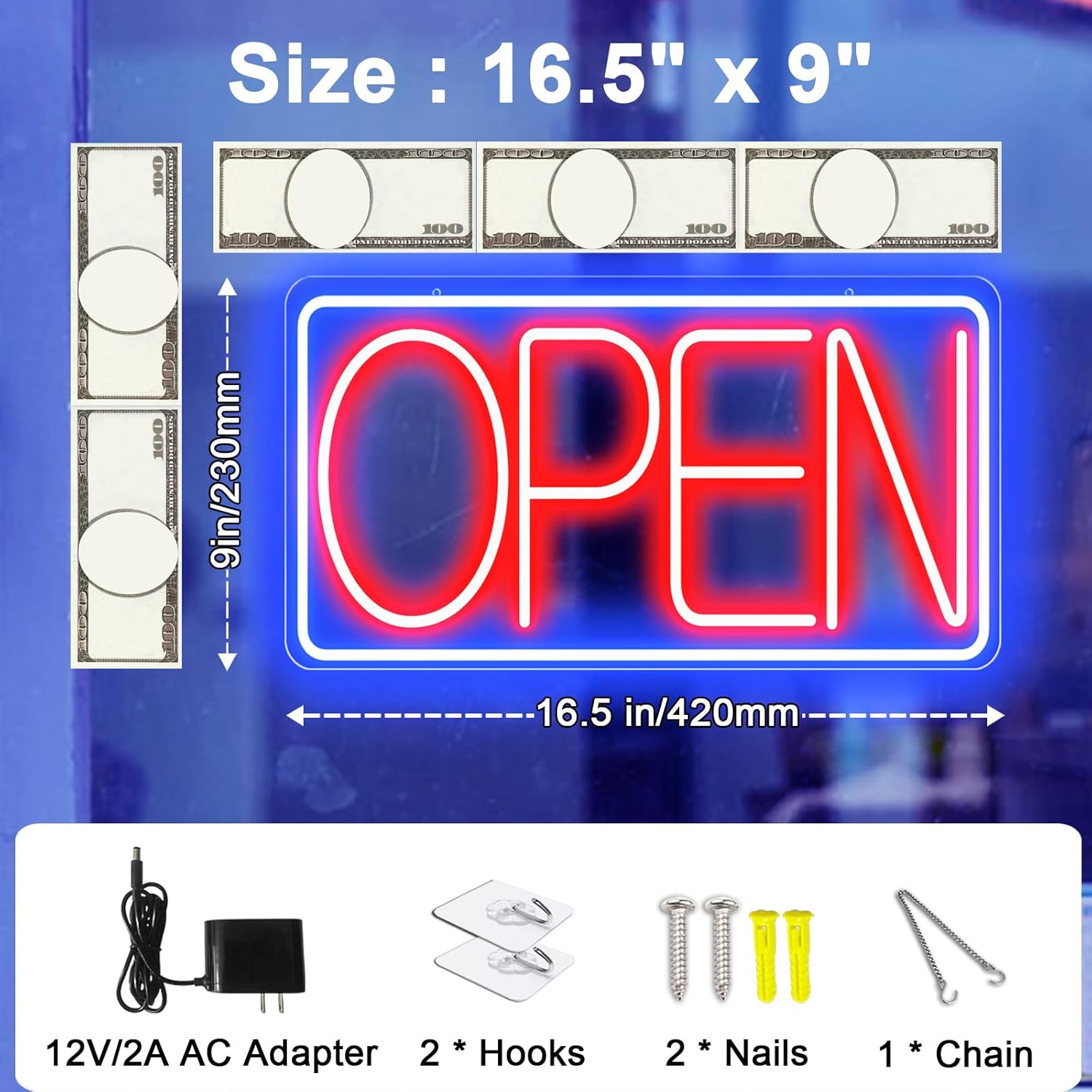 16.5" X 9" Led Neon Open Signs for Business - 12V/2A Ultra Bright Led Neon Sign with ON/OFF Switch - Plug In Electric Light Up Sign for Bar, Salon, Coffee Stores, Club, Hotel (Horizontal)