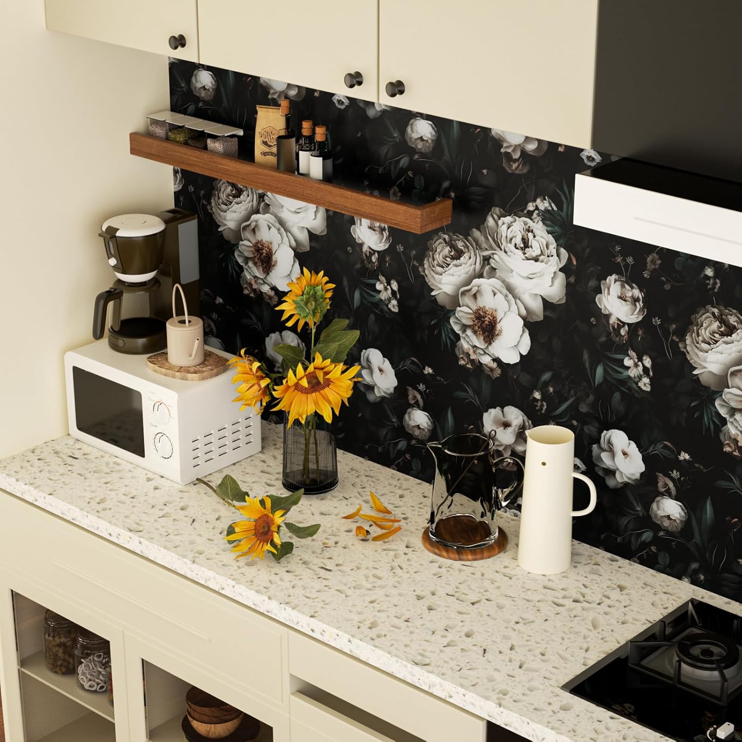 Laatse Dark Wallpapr Peel and Stick Boho Wallpaper 17.5in x 393in Black Floral Contact Paper Waterproof Self Adhesive Vintage Large Floral Wall Paper for Bedroom Walls Cabinet Decor