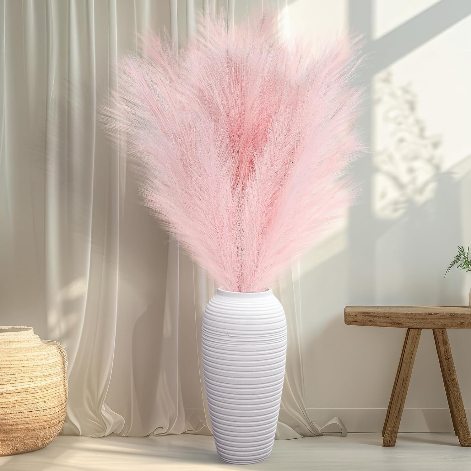 Zeyune 5 Pcs 71'' Large Faux Pampas Grass Decor Tall Faux Pampas Grass Splicable Fake Dried Boho Home Decor Beige Feathers for Vase Artificial Floral for Wedding Home Party Boho Decoration (Beige)