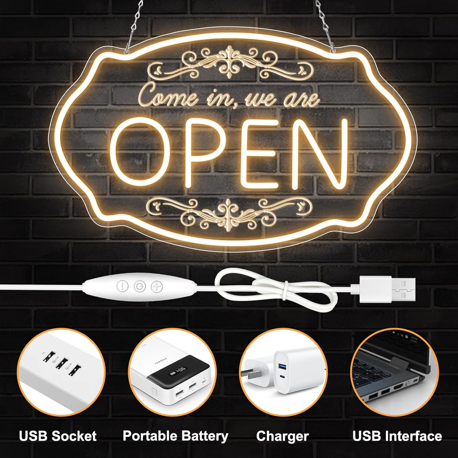 LED Neon Open Sign for Business, 16.5x10'' Come in We’re Open Sign, Warm White Adjustable Brightness Neon Lights for Party, Bar, Salon, Stores, Hotel, Wall Decor, Clubs, Hotels