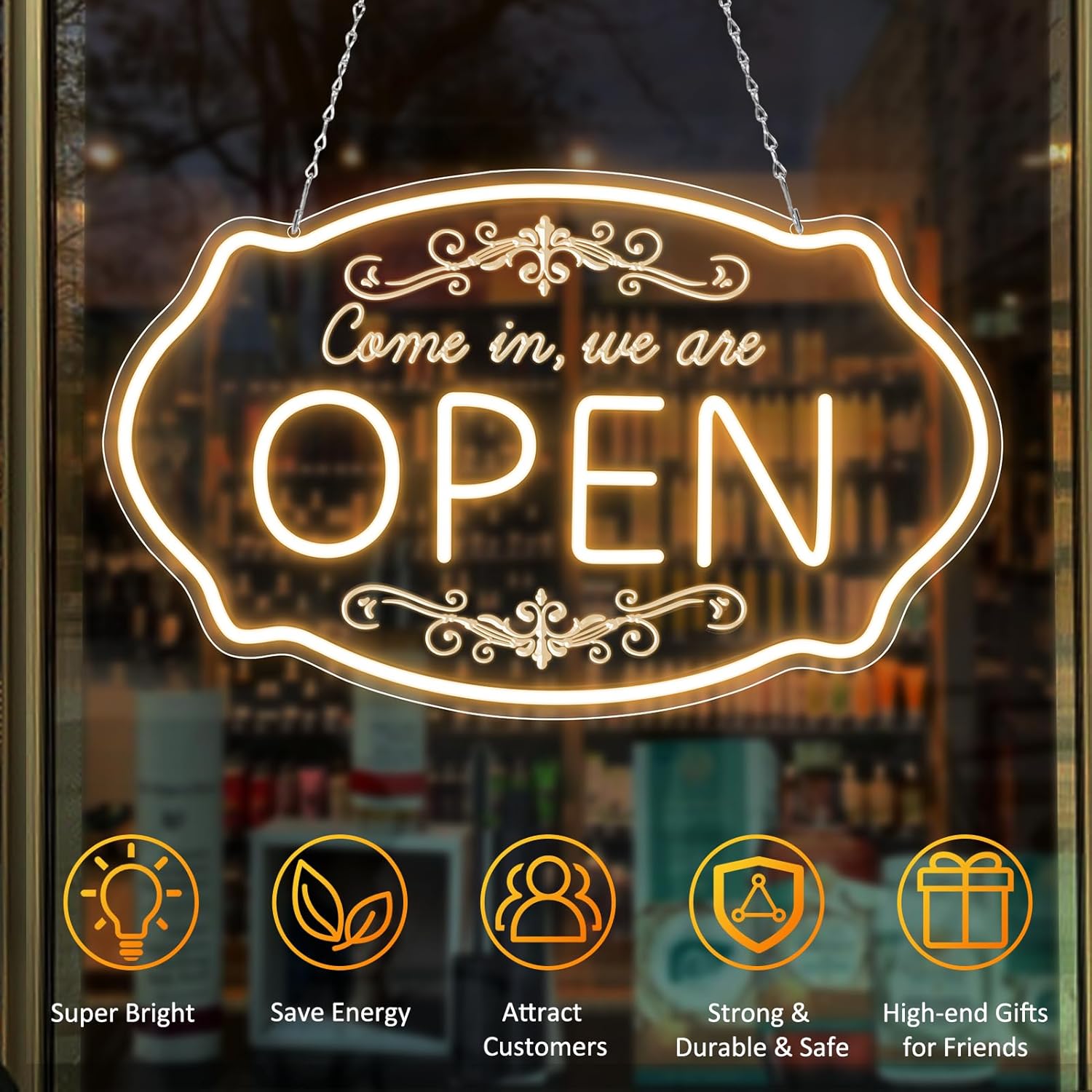 LED Neon Open Sign for Business, 16.5x10'' Come in We’re Open Sign, Warm White Adjustable Brightness Neon Lights for Party, Bar, Salon, Stores, Hotel, Wall Decor, Clubs, Hotels