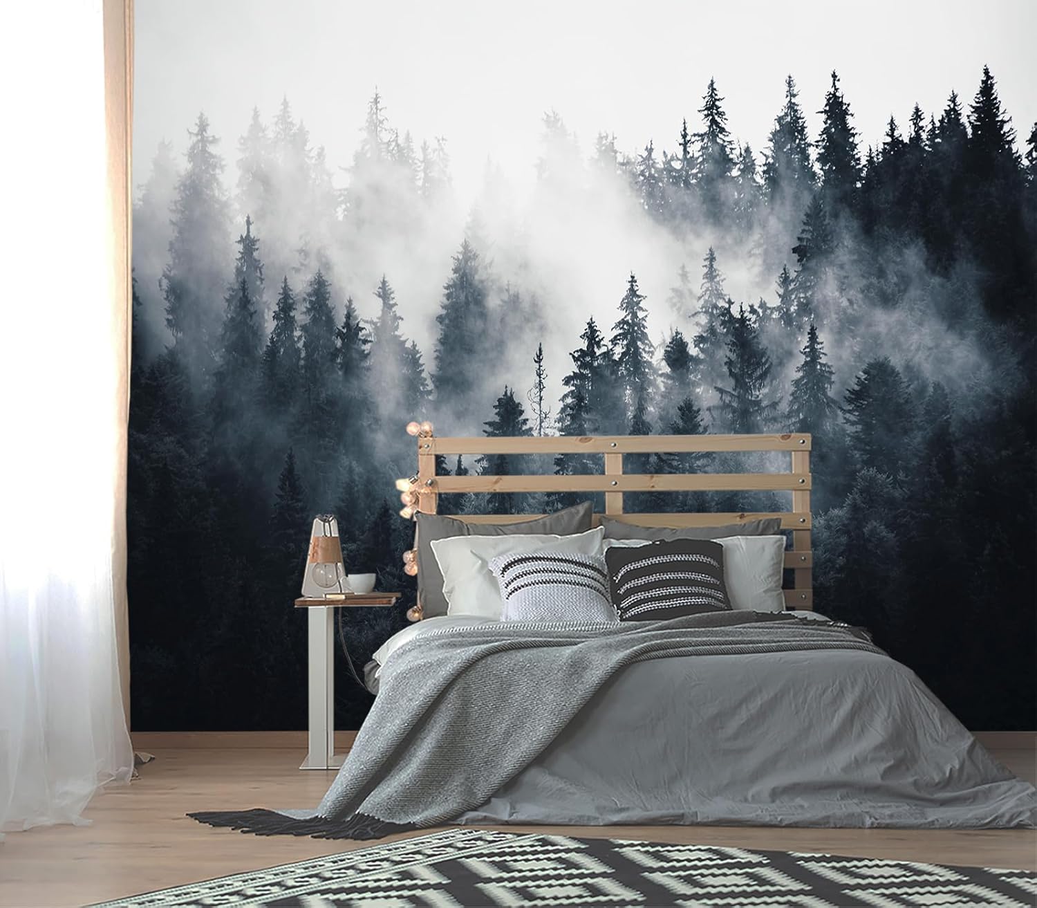 XMPMBM-Cartoon Hand-Painted Animals Woodland Nursery Room Fabric Wallpaper Graffiti Pine Forest Kids Gaming Room Wall Mural-W 88" X H 59"（36 Square Foot）