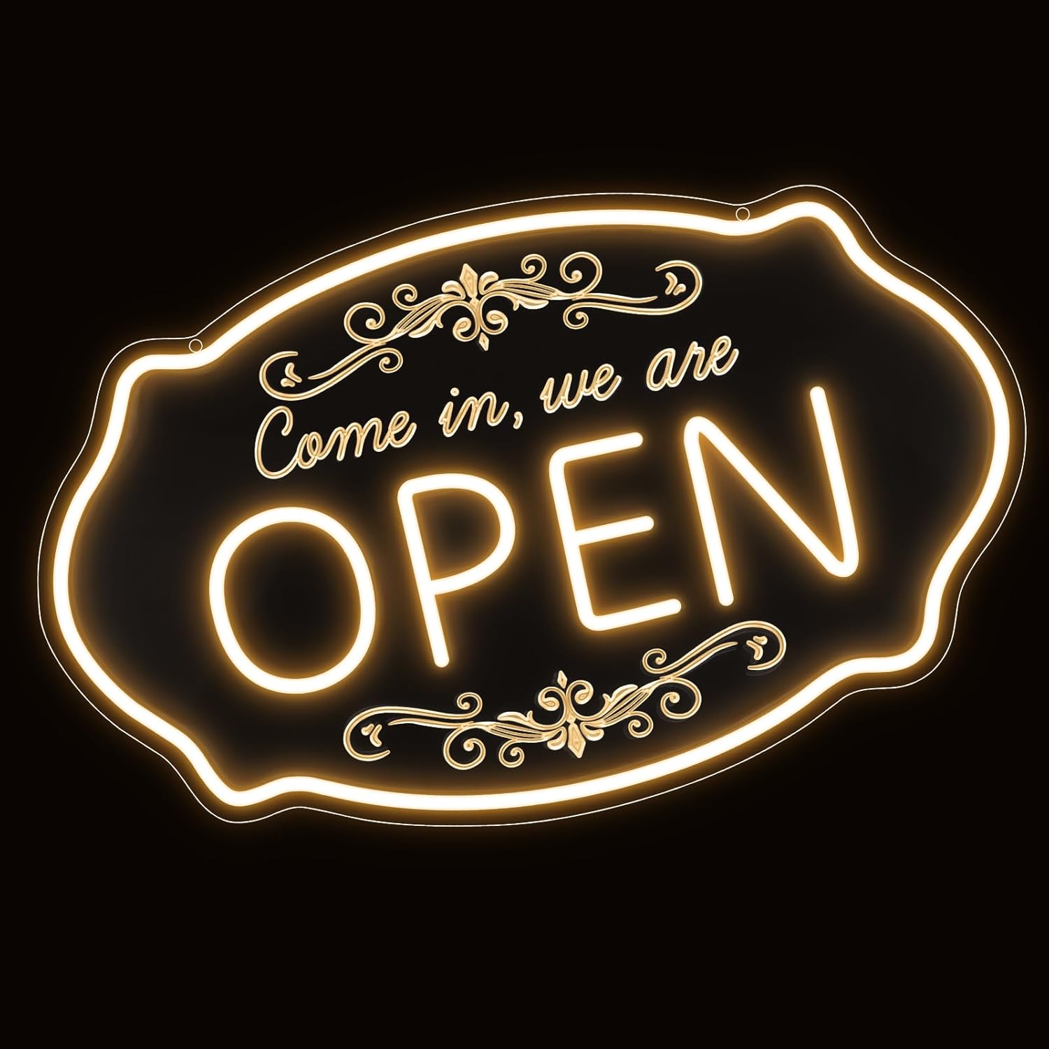 LED Neon Open Sign for Business, 16.5x10'' Come in We’re Open Sign, Warm White Adjustable Brightness Neon Lights for Party, Bar, Salon, Stores, Hotel, Wall Decor, Clubs, Hotels