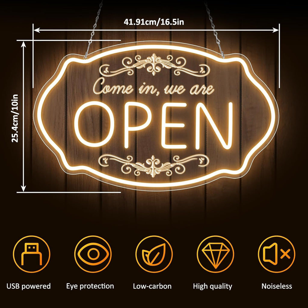 LED Neon Open Sign for Business, 16.5x10'' Come in We’re Open Sign, Warm White Adjustable Brightness Neon Lights for Party, Bar, Salon, Stores, Hotel, Wall Decor, Clubs, Hotels