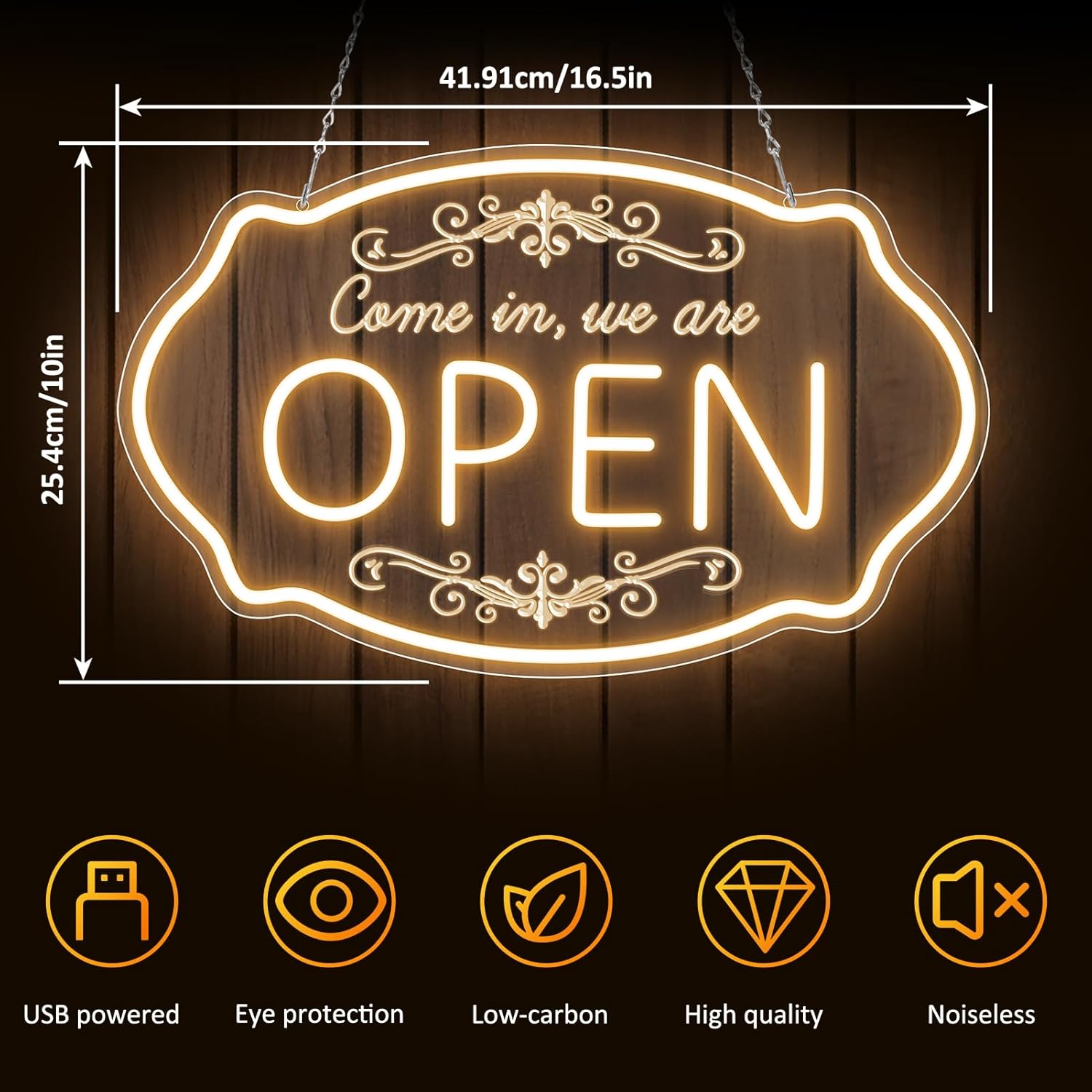 LED Neon Open Sign for Business, 16.5x10'' Come in We’re Open Sign, Warm White Adjustable Brightness Neon Lights for Party, Bar, Salon, Stores, Hotel, Wall Decor, Clubs, Hotels