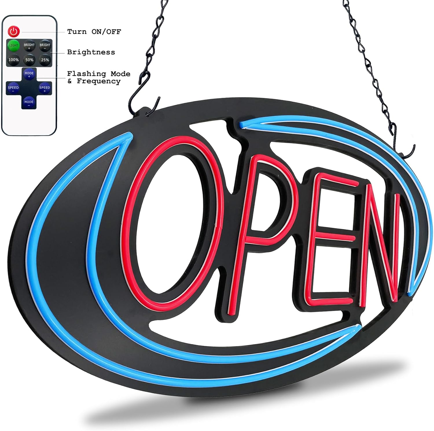 Open Signs for Business,32x16 inch Large Bright Open Sign Neon Led Lighted,Remote Control & Flashing Mode for Window Door Bar Coffee Salon Store,ON/OFF Switch Blue/Red