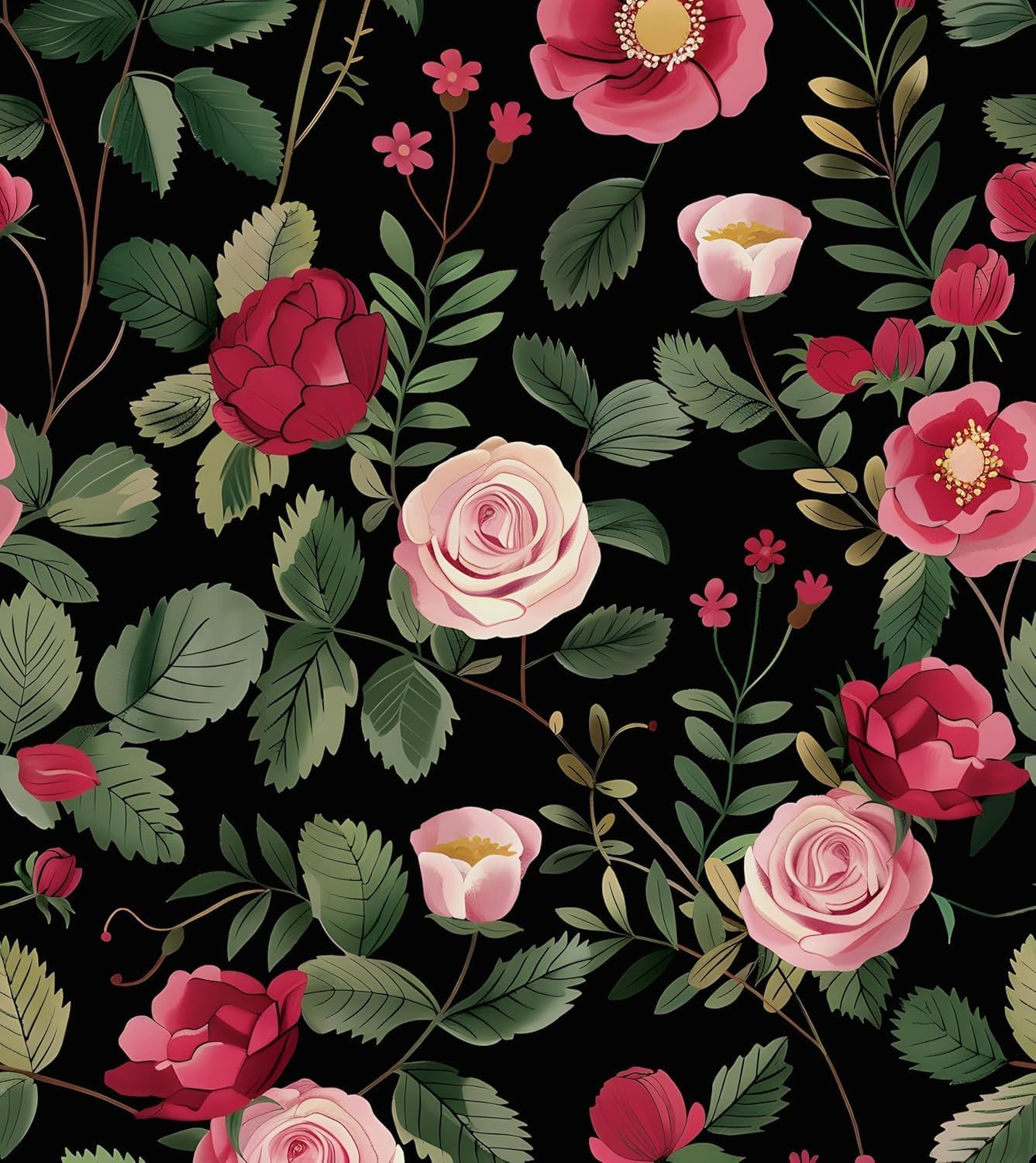 Laatse Floral Wallpaper Peel and Stick,Vintage Rose Contact Paper 17.5" x 393", Thick Burgundy Wall Paper Murals Self Adhesive Removable Waterproof for Shelf Cabinet Drawer Table Decor (Black, Red)