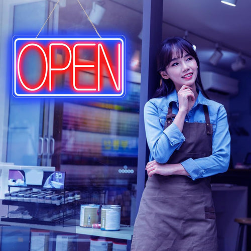 16.5" X 9" Led Neon Open Signs for Business - 12V/2A Ultra Bright Led Neon Sign with ON/OFF Switch - Plug In Electric Light Up Sign for Bar, Salon, Coffee Stores, Club, Hotel (Horizontal)
