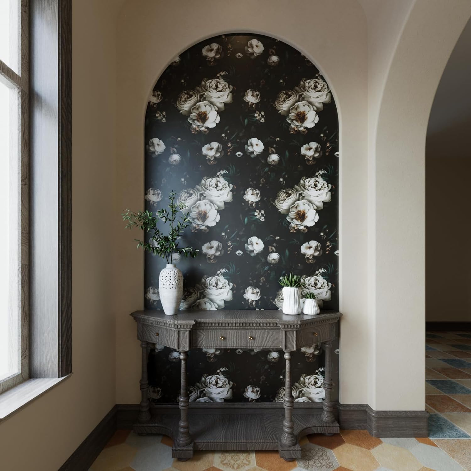 Laatse Dark Wallpapr Peel and Stick Boho Wallpaper 17.5in x 393in Black Floral Contact Paper Waterproof Self Adhesive Vintage Large Floral Wall Paper for Bedroom Walls Cabinet Decor