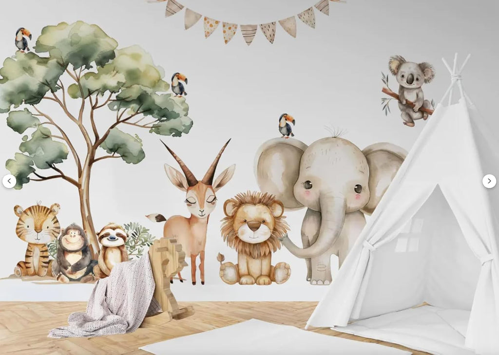 Safari Jungle Wall Stickers – Safari Animals Wall Decals for Nursery – Kids Room Wall Art – Removable Vinyl Stickers for Baby Room Decor – Giraffe Elephant Lion Wall Mural (Set1)