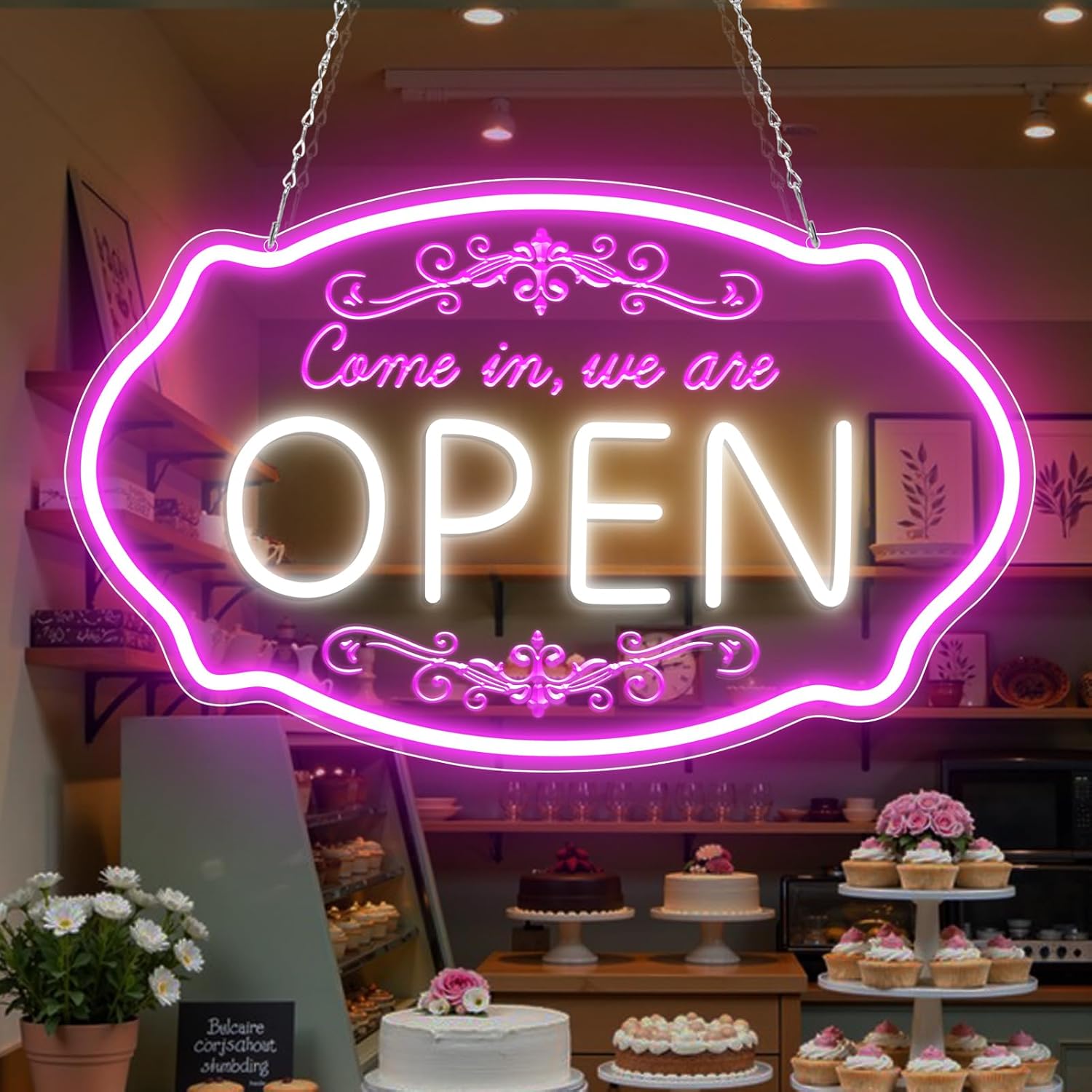 LED Neon Open Sign for Business, 16.5x10'' Come in We’re Open Sign, Warm White Adjustable Brightness Neon Lights for Party, Bar, Salon, Stores, Hotel, Wall Decor, Clubs, Hotels