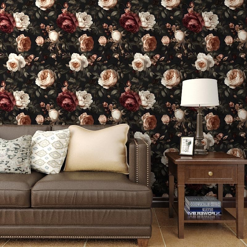 Dark Floral Wallpaper Peel and Stick, Vintage Black/White/Red Rose Contact Paper 17.5" x 393" , Retro Flowers Wall Paper Self Adhesive Waterproof Removable for Room Shelves Cabinet Drawer Table Decor
