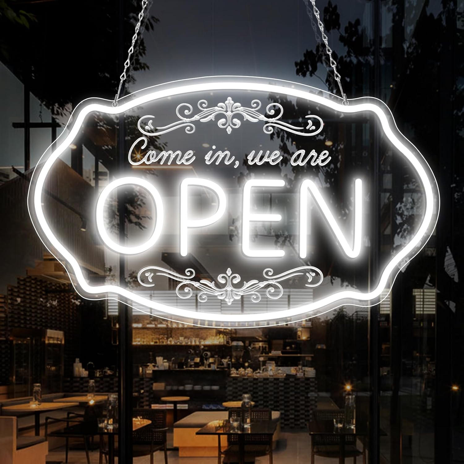 LED Neon Open Sign for Business, 16.5x10'' Come in We’re Open Sign, Warm White Adjustable Brightness Neon Lights for Party, Bar, Salon, Stores, Hotel, Wall Decor, Clubs, Hotels