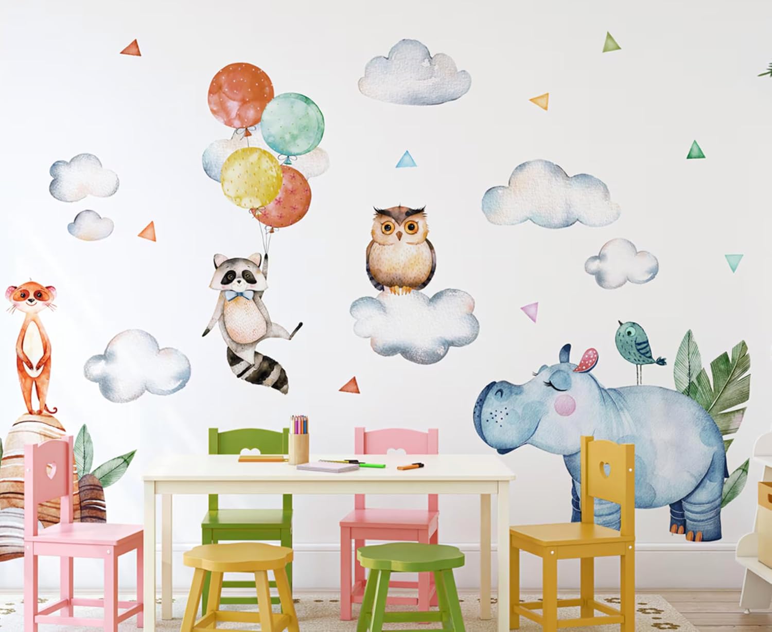 Watercolor Animal Wall Decals Hippo Owl Raccoon Meerkat Wall Stickers Removable Cartoon Animal Wall Decals Decor for Baby Nursery Playroom Bedroom Classroom Kindergarten WH38 (Extra Large)