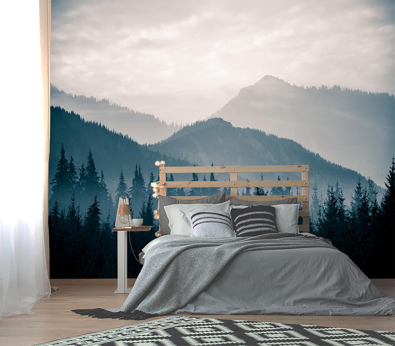 XMPMBM-Cartoon Hand-Painted Animals Woodland Nursery Room Fabric Wallpaper Graffiti Pine Forest Kids Gaming Room Wall Mural-W 88" X H 59"（36 Square Foot）