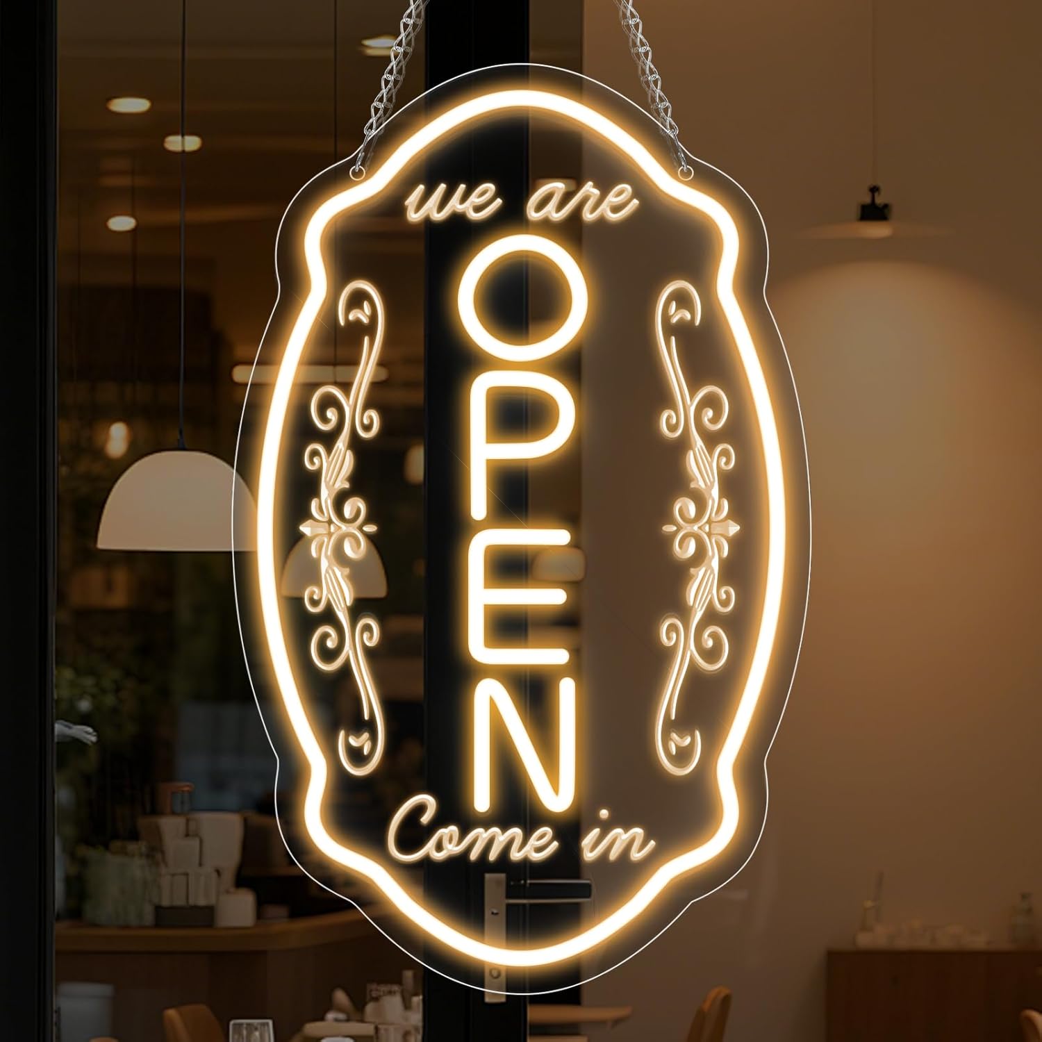 LED Neon Open Sign for Business, 16.5x10'' Come in We’re Open Sign, Warm White Adjustable Brightness Neon Lights for Party, Bar, Salon, Stores, Hotel, Wall Decor, Clubs, Hotels