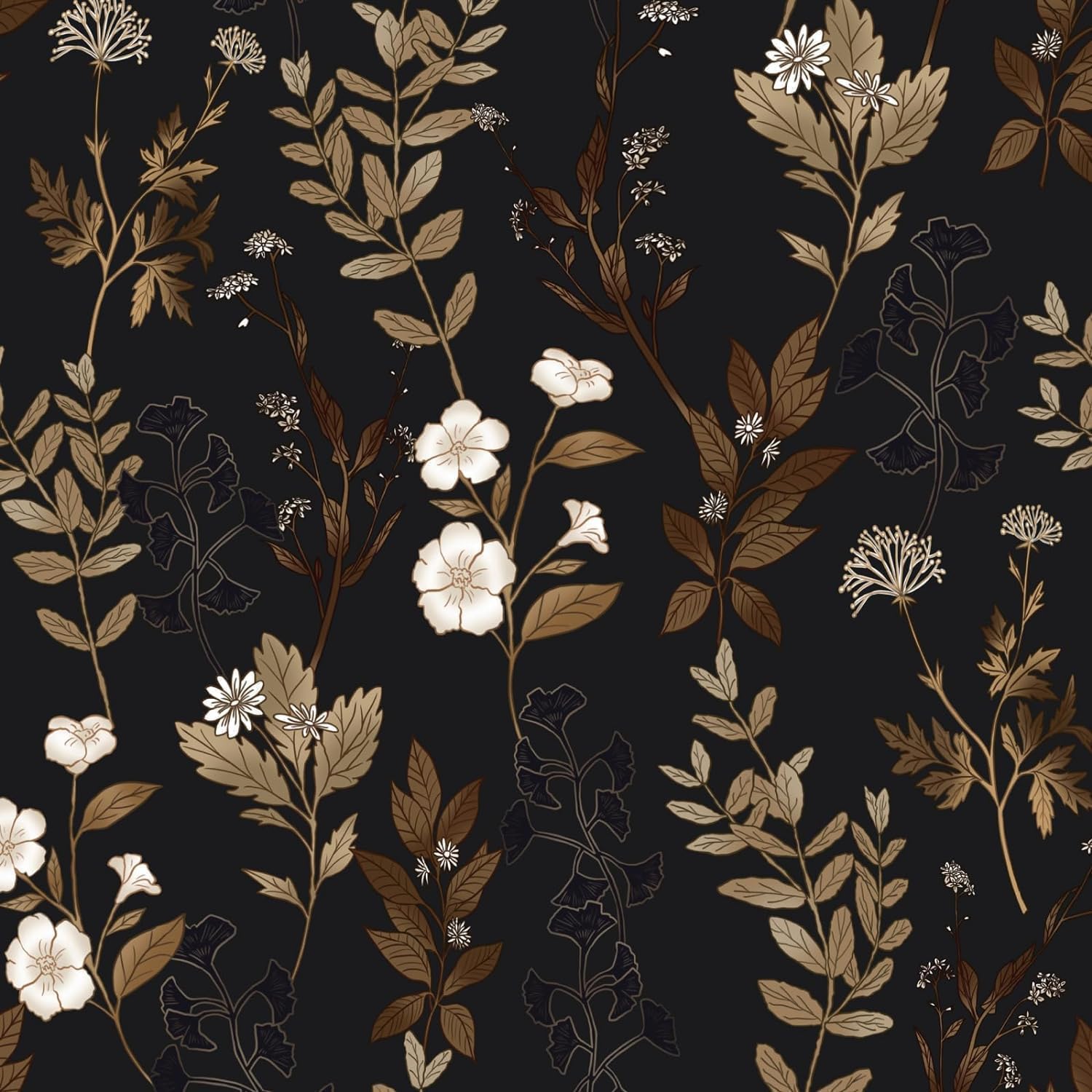 Fvlow Vintage Black Floral Wallpaper Classic Watercolor Leaves Wall Paper 17.4" x 394" Dark Moody Contact Paper Chinoiserie Self Adhesive Covering for Bedroom Bathroom Cabinet Home Decor Black Grey