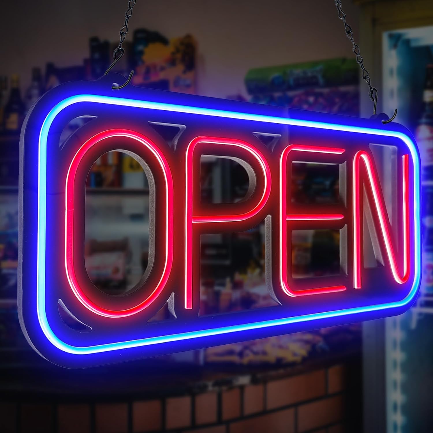 Open Signs for Business,32x16 inch Large Bright Open Sign Neon Led Lighted,Remote Control & Flashing Mode for Window Door Bar Coffee Salon Store,ON/OFF Switch Blue/Red