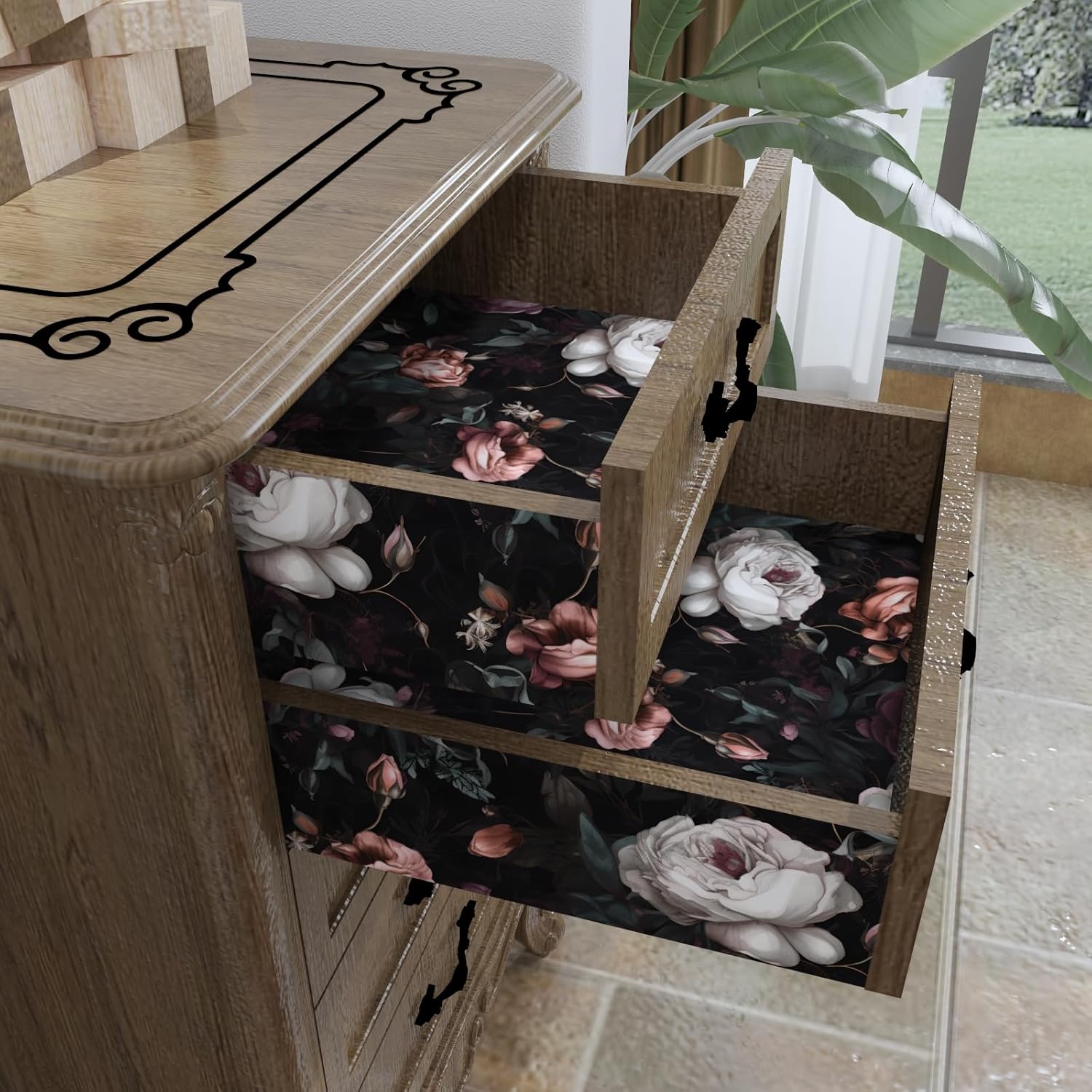 Laatse Dark Floral Peel and Stick Wallpaper, Vintage Floral Contact Paper, Waterproof Self Adhesive Boho Decor Black Rose Wall Paper for Bedroom Walls Bookcase Drawers 17.5in x 32.8ft