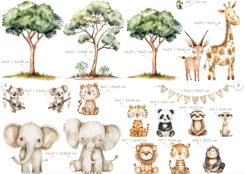 Safari Jungle Wall Stickers – Safari Animals Wall Decals for Nursery – Kids Room Wall Art – Removable Vinyl Stickers for Baby Room Decor – Giraffe Elephant Lion Wall Mural (Set1)