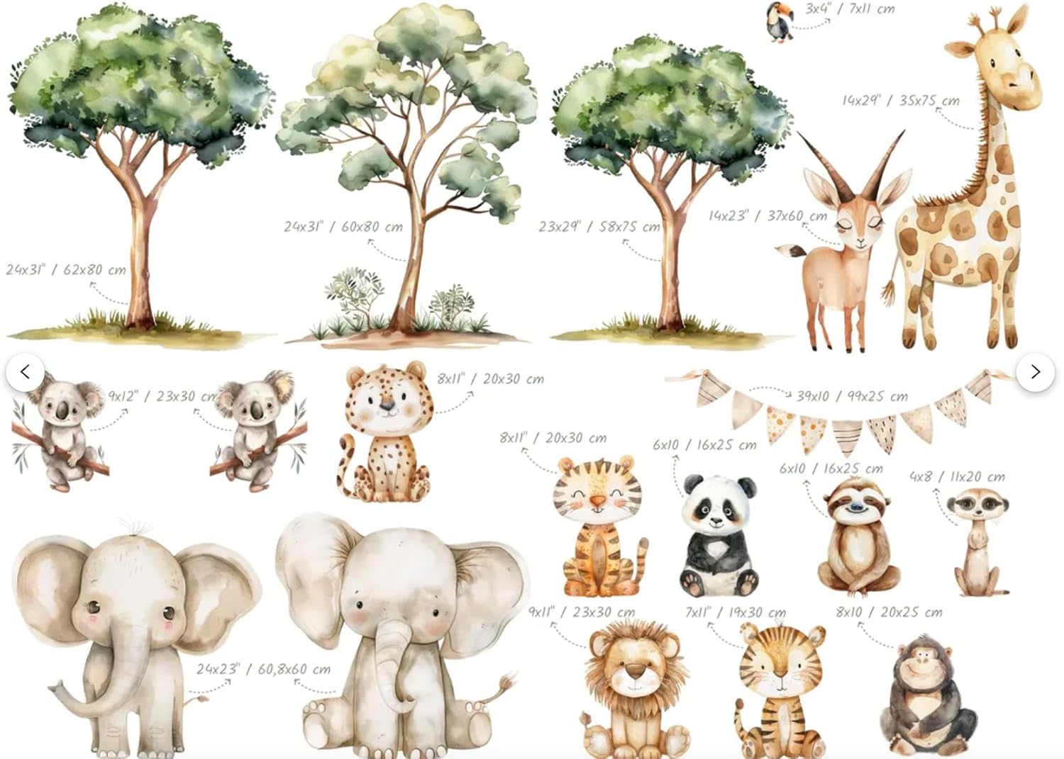 Safari Jungle Wall Stickers – Safari Animals Wall Decals for Nursery – Kids Room Wall Art – Removable Vinyl Stickers for Baby Room Decor – Giraffe Elephant Lion Wall Mural (Set1)