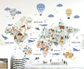 Animal World Wall Decal - Map Wall Sticker - Children's World Map - Nursery & Bedroom Decal (100" W x 86" H)