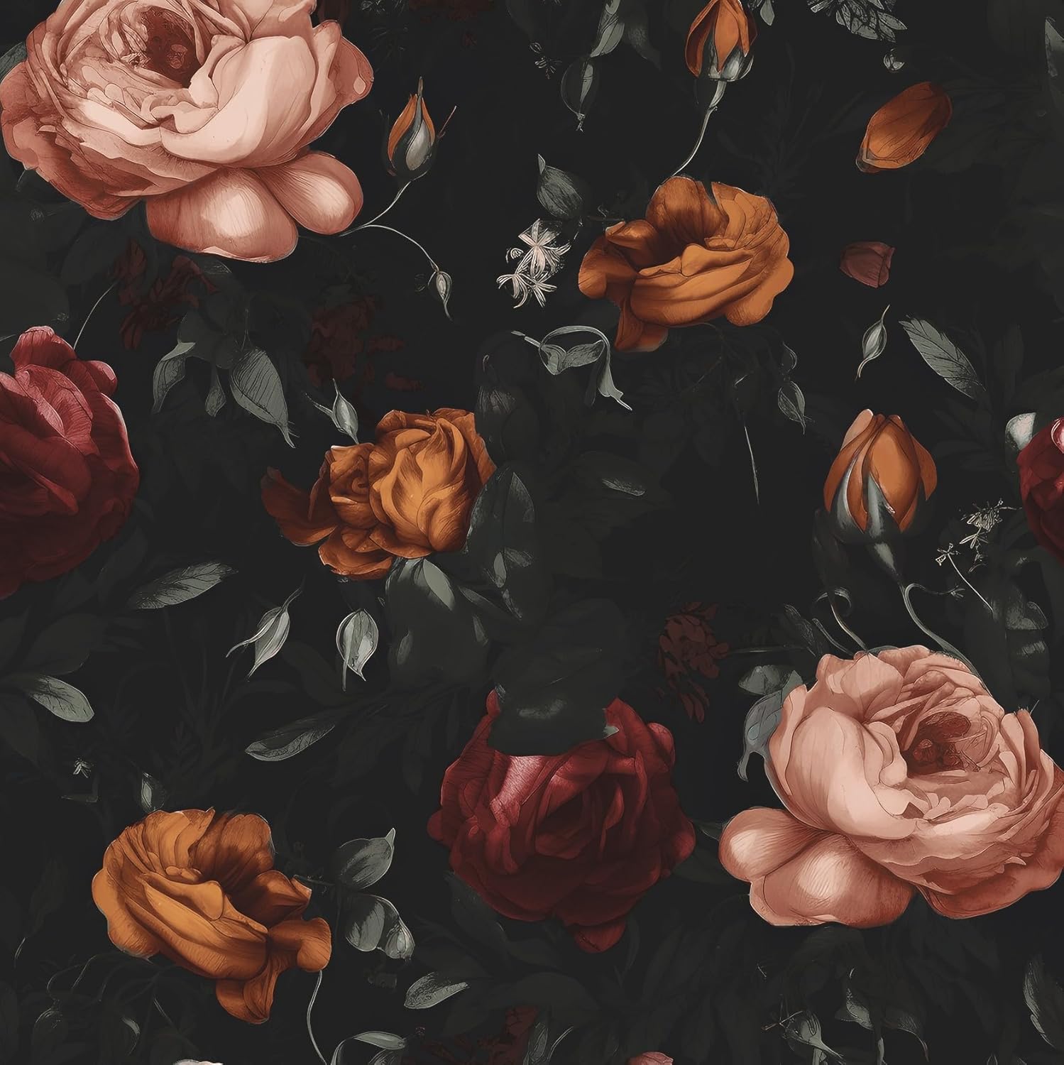Laatse Dark Floral Peel and Stick Wallpaper, Vintage Floral Contact Paper, Waterproof Self Adhesive Boho Decor Black Rose Wall Paper for Bedroom Walls Bookcase Drawers 17.5in x 32.8ft