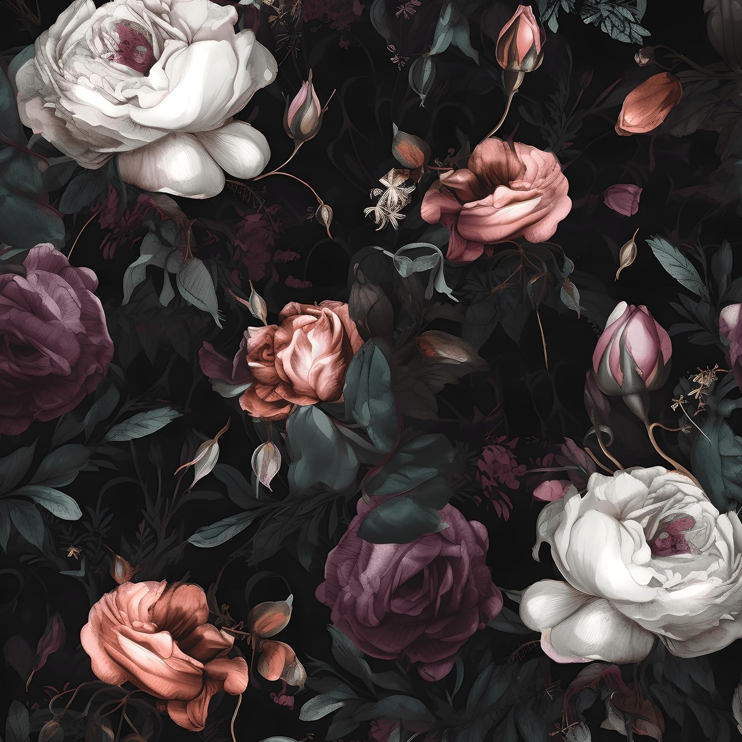 Dark Floral Wallpaper Peel and Stick, Vintage Black/White/Red Rose Contact Paper 17.5" x 393" , Retro Flowers Wall Paper Self Adhesive Waterproof Removable for Room Shelves Cabinet Drawer Table Decor