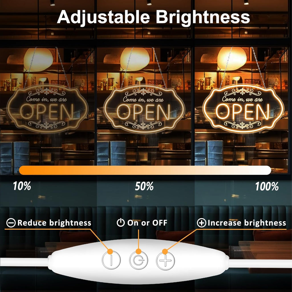 LED Neon Open Sign for Business, 16.5x10'' Come in We’re Open Sign, Warm White Adjustable Brightness Neon Lights for Party, Bar, Salon, Stores, Hotel, Wall Decor, Clubs, Hotels