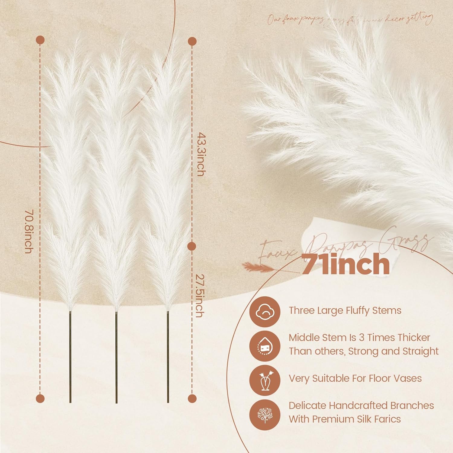 Zeyune 5 Pcs 71'' Large Faux Pampas Grass Decor Tall Faux Pampas Grass Splicable Fake Dried Boho Home Decor Beige Feathers for Vase Artificial Floral for Wedding Home Party Boho Decoration (Beige)