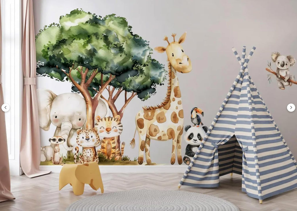 Safari Jungle Wall Stickers – Safari Animals Wall Decals for Nursery – Kids Room Wall Art – Removable Vinyl Stickers for Baby Room Decor – Giraffe Elephant Lion Wall Mural (Set1)