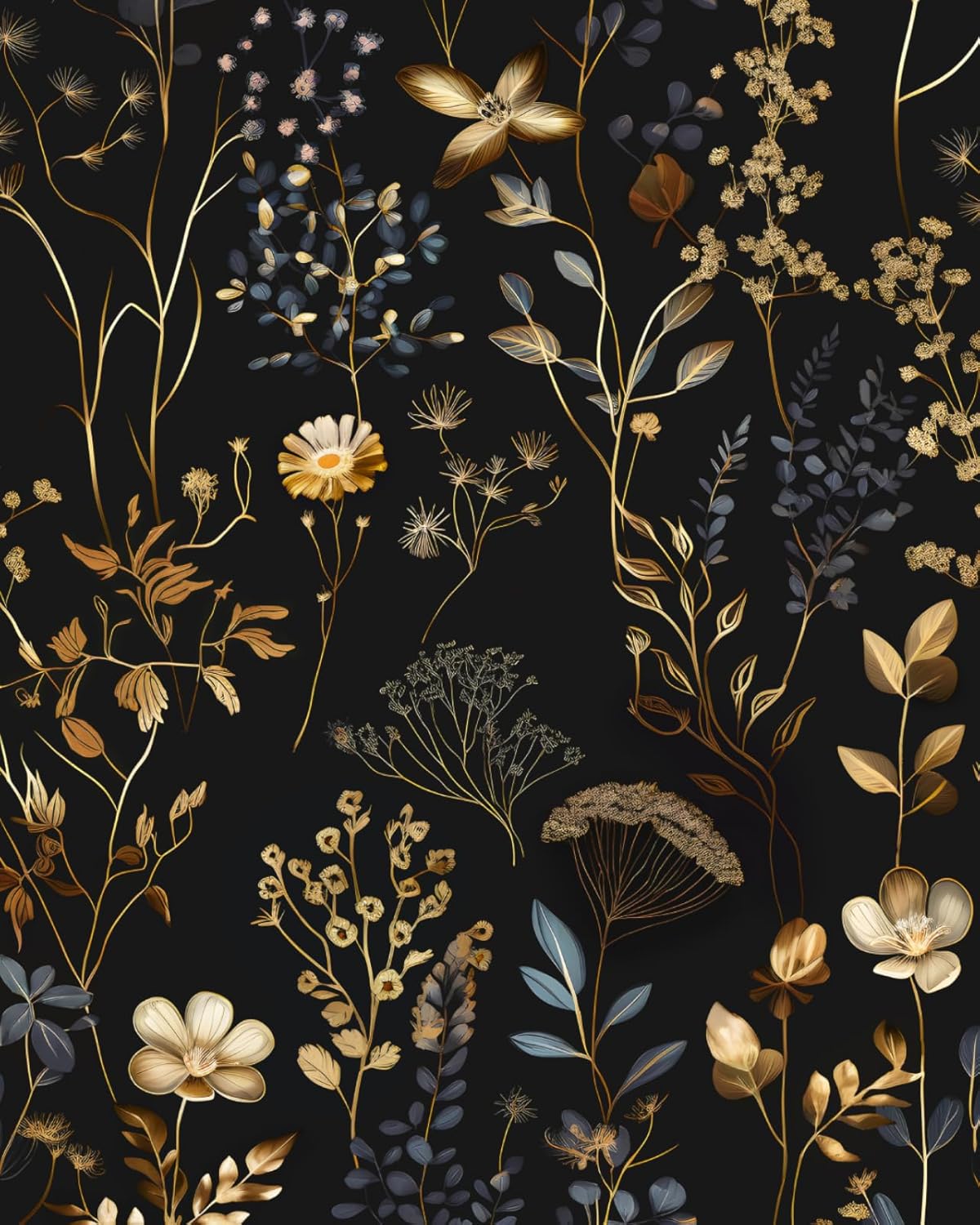 XRUIBZI Black Floral Wallpaper Peel and Stick Wallpaper Leaf Wallpapers Gold Leaf Contact Paper for Cabinets Waterproof Self Adhesive Wall Paper for Kitchen Countertop Wall 17.5" x 393"